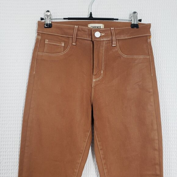 L'Agence Jeans Womens 26 Brown Cognac Margot High Rise Skinny Coated Western USA - Picture 13 of 16
